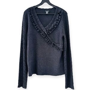Doncaster Black Ruffle Front V-Neck Metallic Crochet Sleeve Sweater Size XL